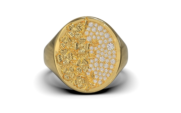 Gouden cachetring met bloemmotief en diamant, model FR60