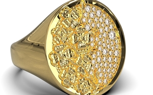 Gouden cachetring met bloemmotief en diamant, model FR60