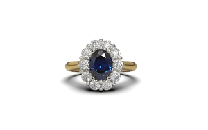 Gouden rozet ring saffier met diamant. Lady Kate, Lady Di.